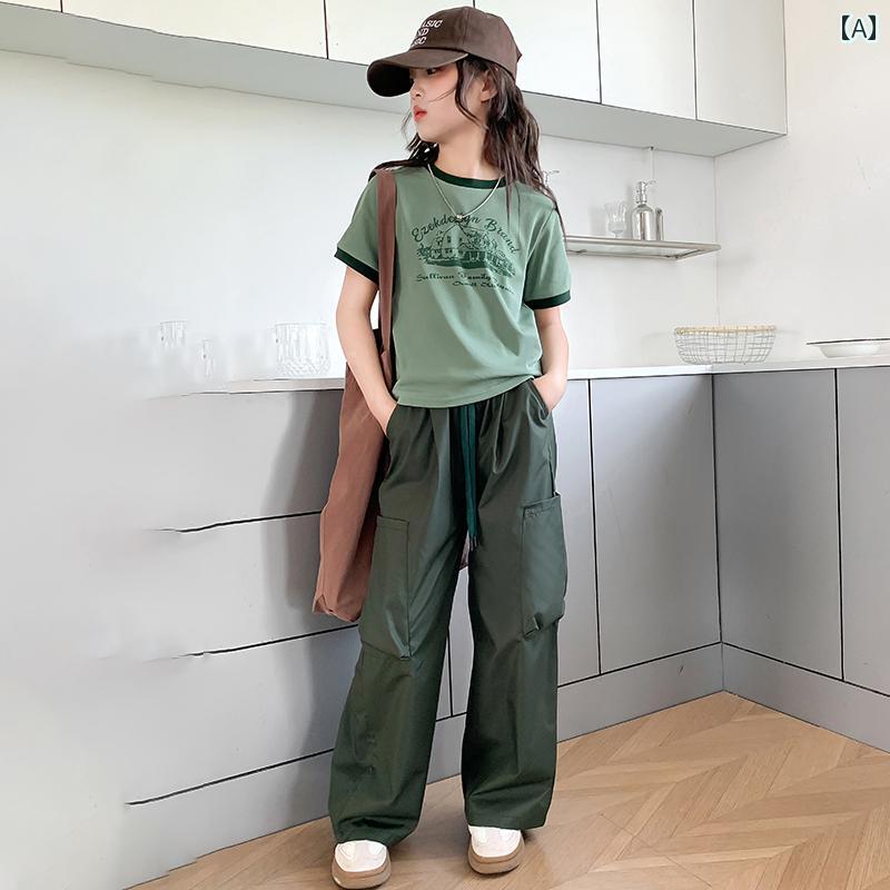 キッズ カジュアル パンツ セット 女の子 スーツ 夏の 大きい 子供用 キャンプ用 半袖 アウトドア用 ストレート パンツ オーバー オール 女の子用 夏用