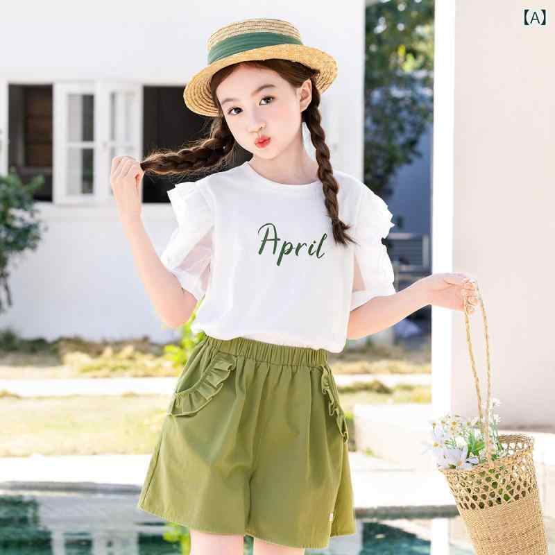 子供服 カジュアル パンツ セット 女の子 スーツ 2025 夏の 韓国中 大人 子供の 洋風 綿 Tシャツ ショート パンツ ツーピース