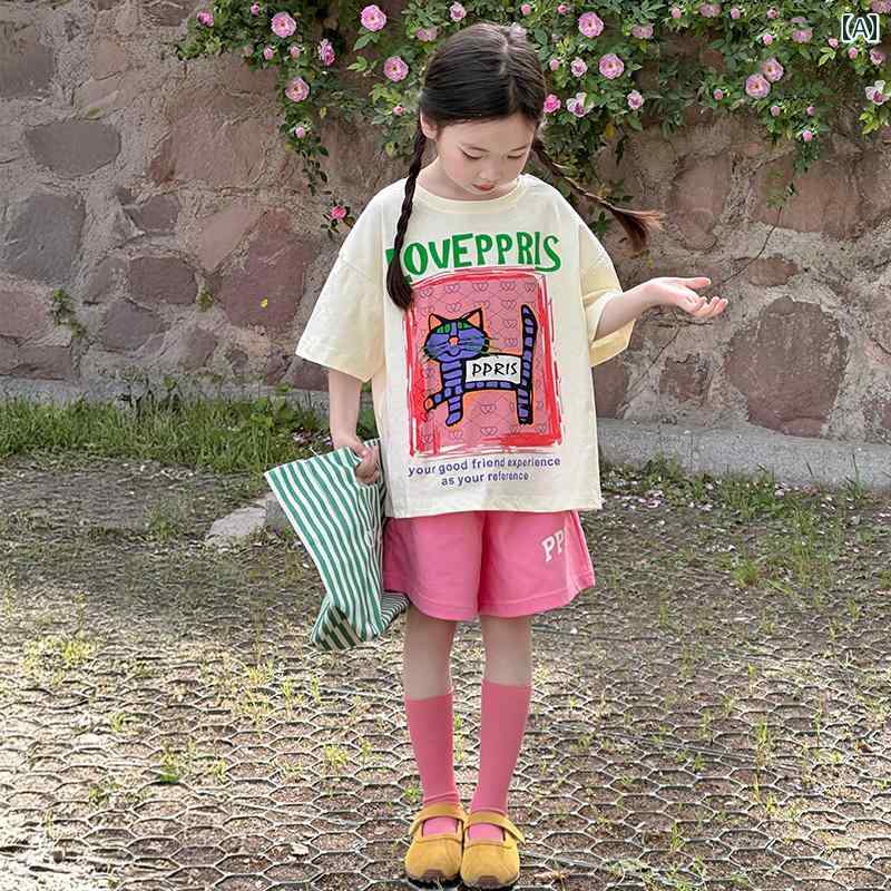 子供服 カジュアル パンツ セット 女の子 半袖 ショート パンツ スーツ 夏 2025 子供用 韓国 カジュアル 夏服 大きい 子供