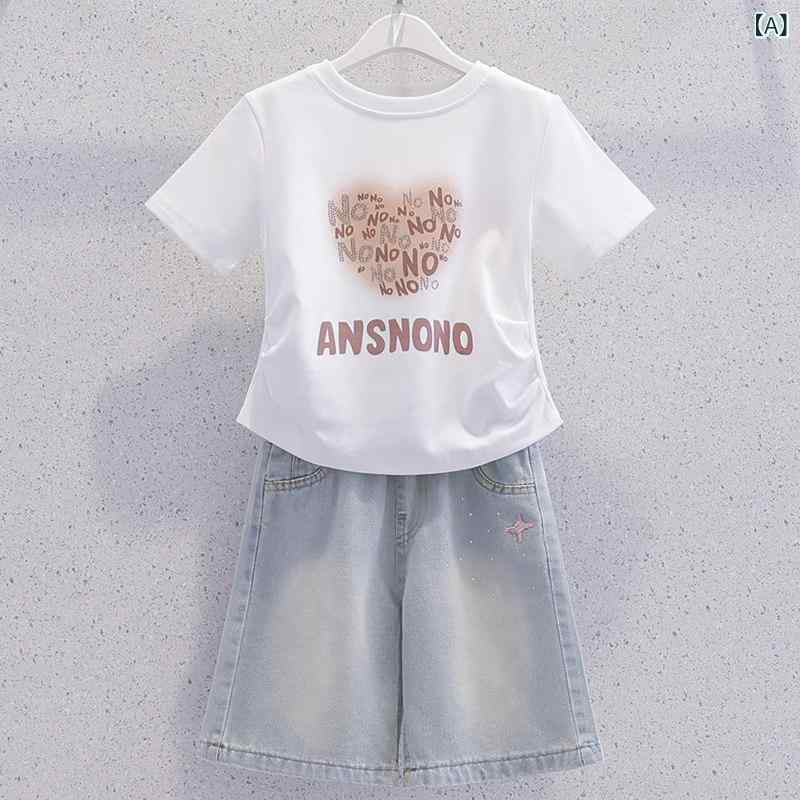 子供服 カジュアル パンツ セット 女の子 スーツ 夏 2025 綿 半袖 Tシャツ Mと L 子供用 デニムショートパンツ ツーピース