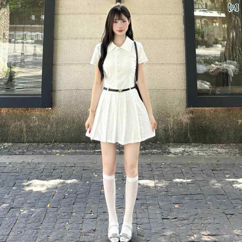 膝下 ワンピース シャツ 夏の 美しくて 美しい カレッジ スカート 2025 小さい 白い ドレス シャツ 女性