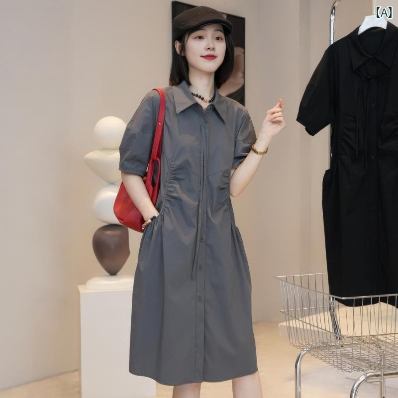 膝下 ワンピース シャツ カジュアル 大きい ポケット 半袖 ドレス 女性用 2025夏 大きいサイズ MM ゆったり 万能 シャツ スカート｜LAONsChoice