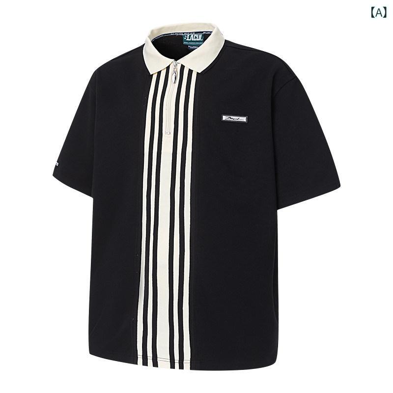 ラガーシャツ メンズ BLACUL ステッチ コントラスト ストライプ ポロシャツ メンズ 半袖 夏 無地 Tシャツ カジュアル ゆったり 肥大 アメリカン スタイル
