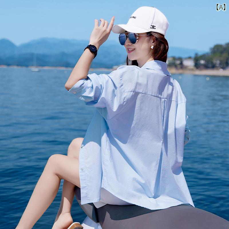 無地 ブラウス シャツ ブルー コットン＆ リネンシャツ レディース 夏用 日焼け防止 ジャケット 2025年 ホット スタイル 薄手 軽量 高級