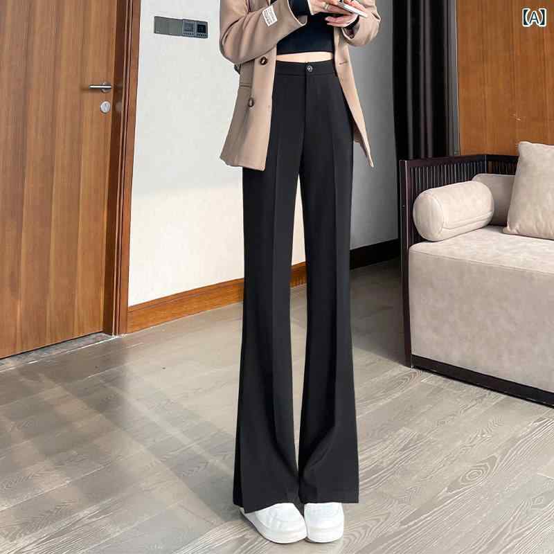 フレア パンツ レディース 黒の 冷感の わずかに フレアな スーツ パンツ。 小柄な 女性向け。 ハイウエスト。 夏用の 細身 30mm 丈 カジュアル スリム
