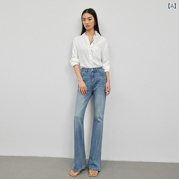 フレア パンツ ジーンズ ライト ブルーの ハイウエスト フレアジーンズ レディース スリムフィット ストレッチ フレンチ レトロ ストリート ホース シュー パンツ イン