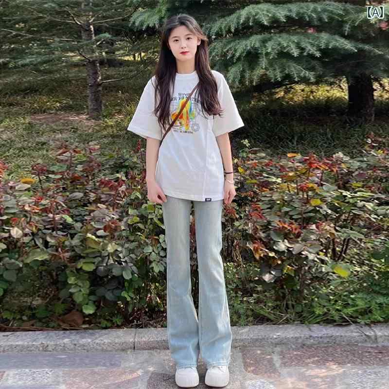 フレア パンツ ジーンズ ライト ブルーの フレアジーンズ 女性用 2025夏 薄手 通気性 ハイウエスト フレアパンツ スリム カジュアル ホース シュー パンツ