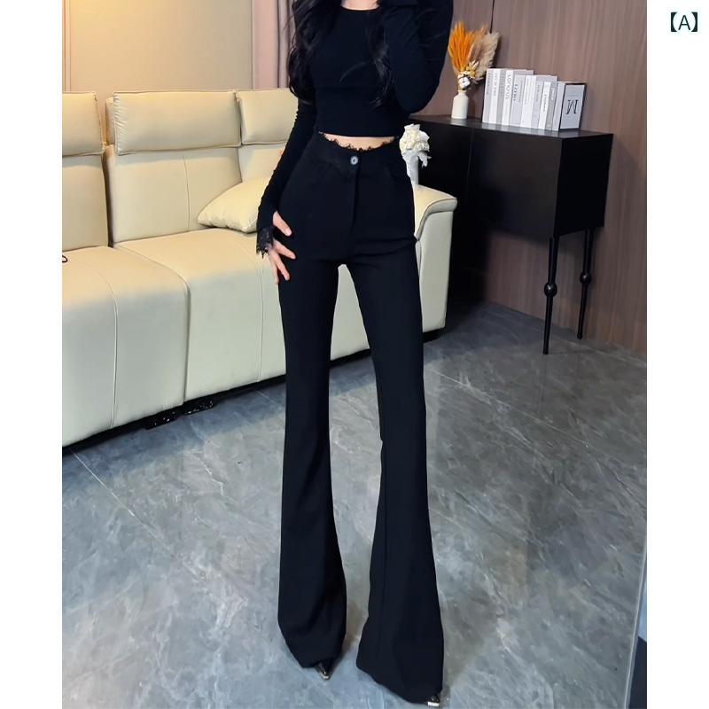 フレア パンツ ジーンズ レディース ブラック ハイウエスト レース スプライス フレア スーツ パンツ 2025 春 伸縮性 スリムフィット ホース シュー