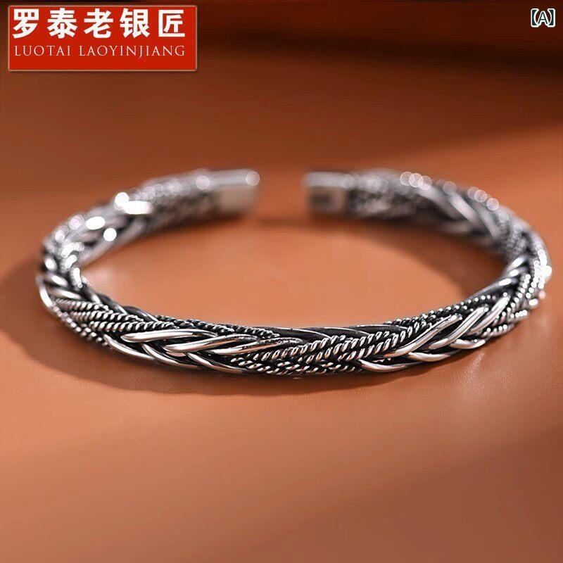 バングル ブレスレット メンズ Luotai Old Silversmith 999 銀 編み込み レトロ ブレスレット メンズ エスニック シルバーブレスレット 蛇 年 ギフト｜LAONsChoice