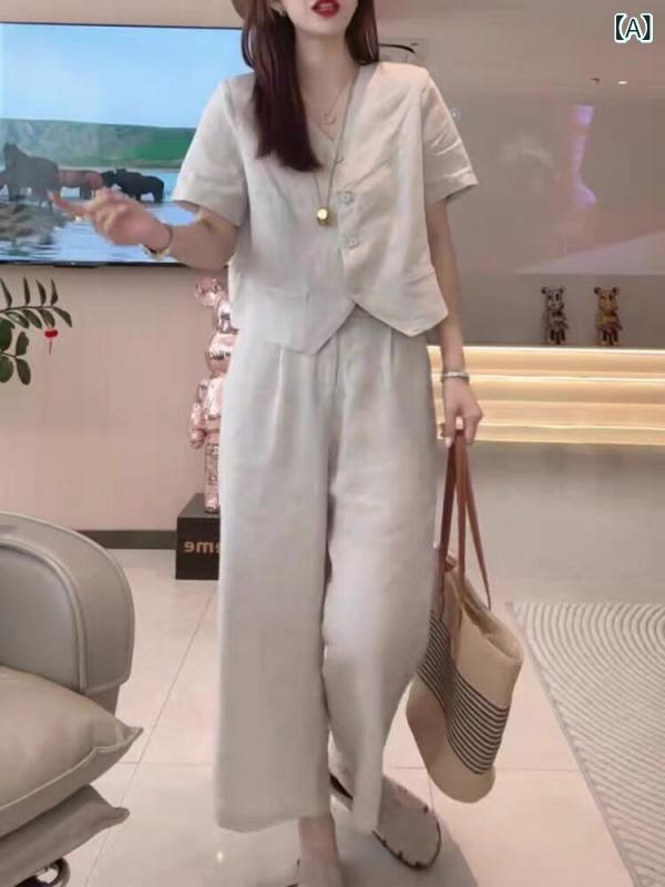 事務服 セット アップ レディース 高級 リネン スーツ 女性用 2025夏 カジュアル ファッション コットンリネン 半袖 トップス ワイド レッグ パンツ｜LAONsChoice