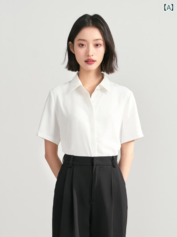 お仕事用 事務 セット アップ スーツ レディバード ホワイト シフォン 半袖 シャツ レディース 夏用 プロ トップス 教師 面接 着用 フォーマル｜LAONsChoice