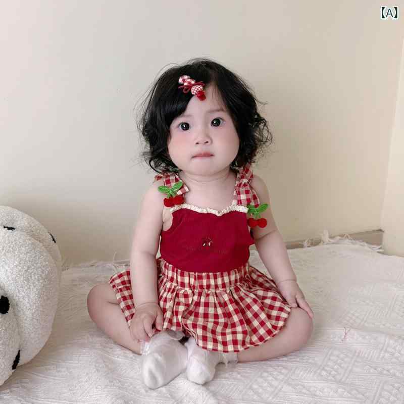上下セット ベビー服 快適 夏の ベビー 服 1歳 ドレス サスペンダー イチゴ トップ レース ヒップ パンツ スーツ お出かけ ツーピース