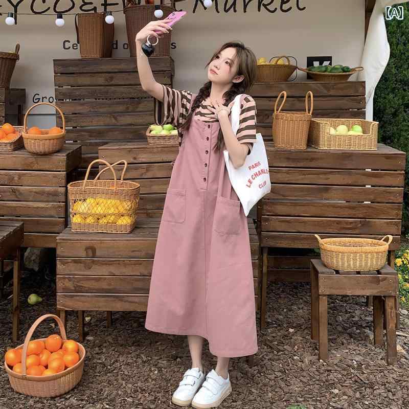 ゆったり ジャンパー スカート 女性用 韓国 カレッジ ピンクの オーバー オール スカート 小柄な 女の子 夏の ドレス ホット 塩味または 甘味の ある ロング｜LAONsChoice