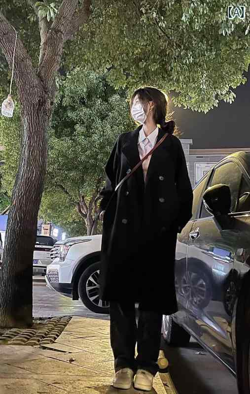 チェスター コート 上品 黒の ウール コート 韓国 スリム 小柄 ミディアム ロング 高級 厚手 スーツ ジャケット 女性用