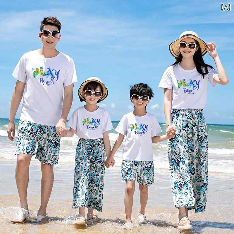 ペアルック 親子 カジュアル コーデ 34人 家族向け 親子の 夏服 三 亜の 海辺の 休暇 ビーチウェア な 母 娘の 服 ワイド レッグ パンツ スーツ画像