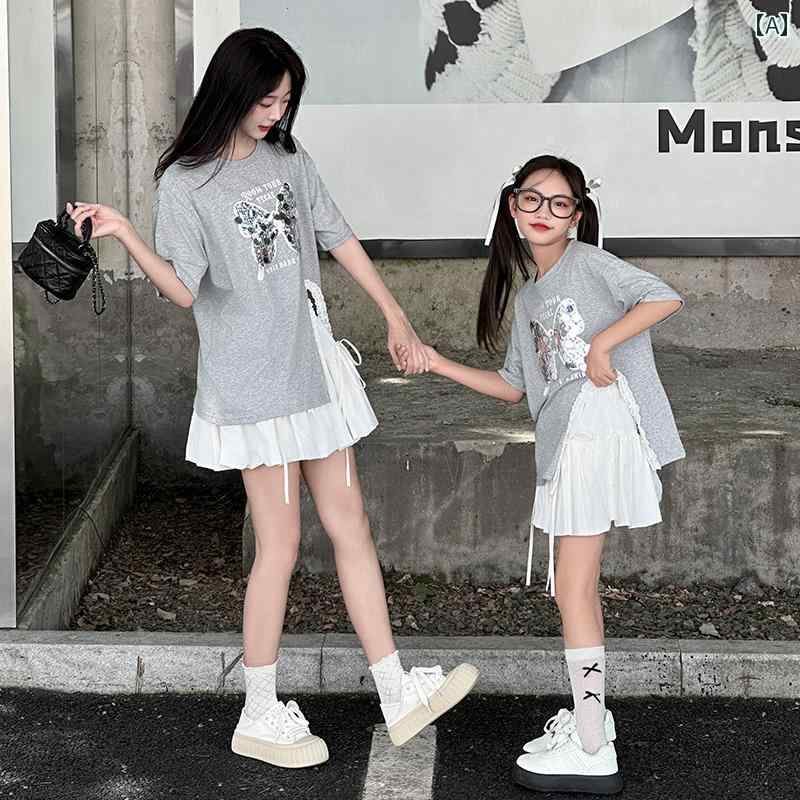 ペアルック 親子 カジュアル コーデ 親子の 服装 母 娘の 夏 スーツ スカート 2024 新型 ガールズネット レジャー 娘 プリーツスカート ドレス