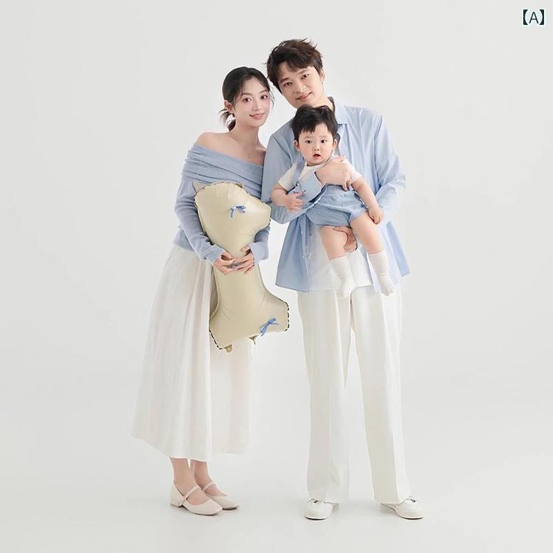 ペアルック 親子 カジュアル コーデ 2025年 スタジオ 撮影 服 親子 3人 家族または 4人 家族 ポートレート テーマ アート