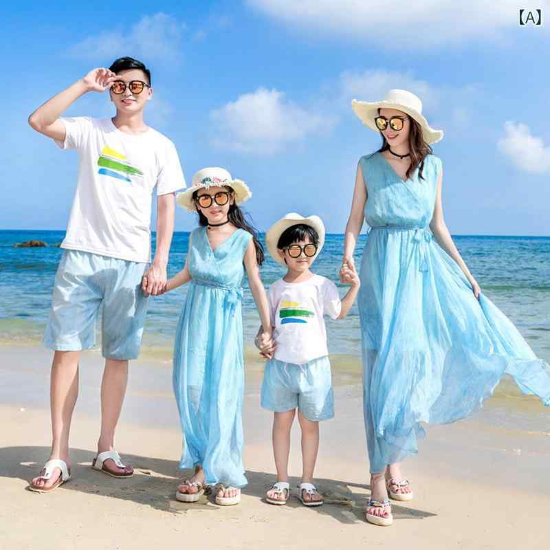 ペアルック 親子 カジュアル コーデ 親子の 服装 3人 家族 海辺での 休暇 家族の 母と 子 娘の ビーチ ドレス 女の子 ロング 夏