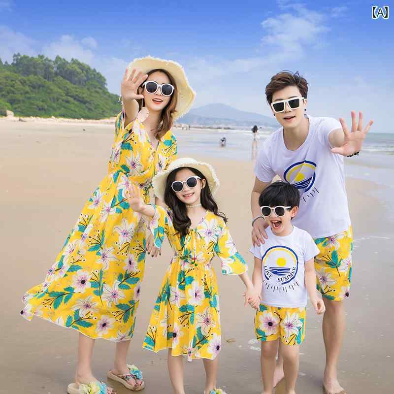 ペアルック 親子 カジュアル コーデ 三 亜 ビーチ 親子 サマー ドレス 20243人または 4人 家族の スタイリッシュな 母と 娘の画像