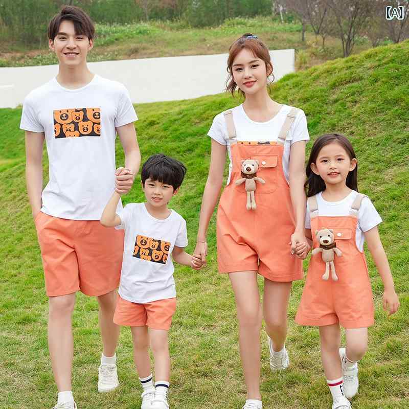 ペアルック 親子 カジュアル コーデ 34人 家族の 親子の 夏服 夏の 母と 子 娘 オーバー オール スーツ 三 亜の 海辺での 休暇画像
