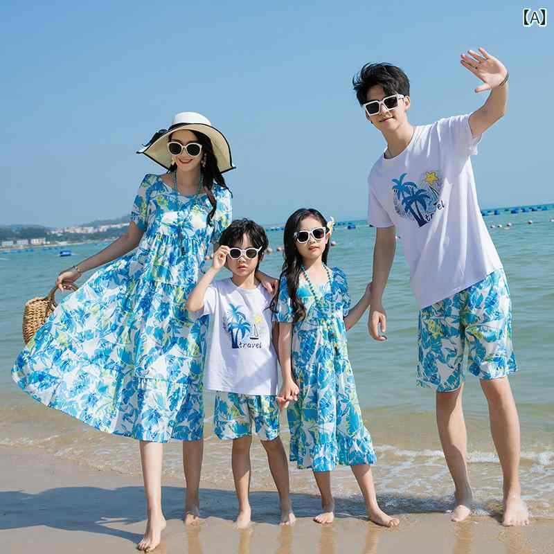 お揃い ファッション コーデ ペアルック カジュアル 親子の 高級 夏服 2024 新型 家族 34人 海 南島 着 ビーチ 旅行 母 娘 ロング スカート