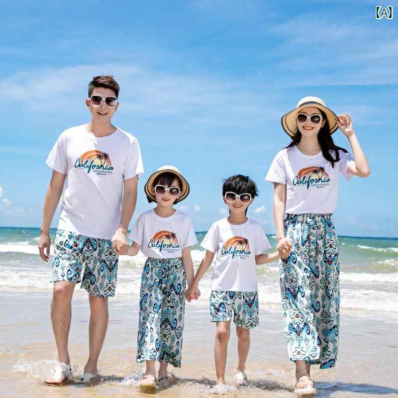 お揃い ファッション コーデ ペアルック カジュアル 2024年 三 亜 ビーチ ファミリー 3人または 4人 親子 服 海辺 旅行 カップル 九分丈 ワイド レッグ パンツ スーツ画像