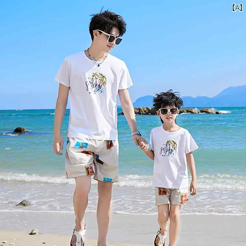 お揃い ファッション コーデ ペアルック カジュアル ビーチでの 休暇の 親子の 夏服 34人 家族の 夏の 母と 娘の ドレス ビーチ 三 亜 旅行画像