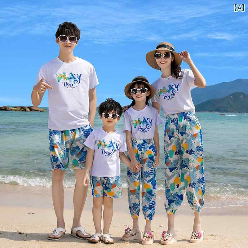 お揃い ファッション コーデ ペアルック カジュアル ビーチ 親子 夏服 34人 家族 三 亜 海辺の 休暇 タイ 旅行 スタイリッシュな 母と 娘の スーツ画像