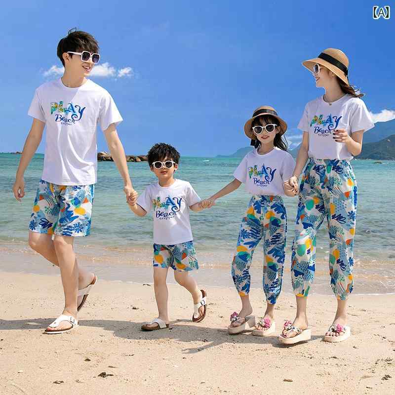 お揃い ファッション コーデ ペアルック カジュアル 34人 家族向け 親子 服 三 亜 海辺の 旅行 休暇 ビーチ 半袖 Tシャツ メンズスーツ ドレス 夏服画像