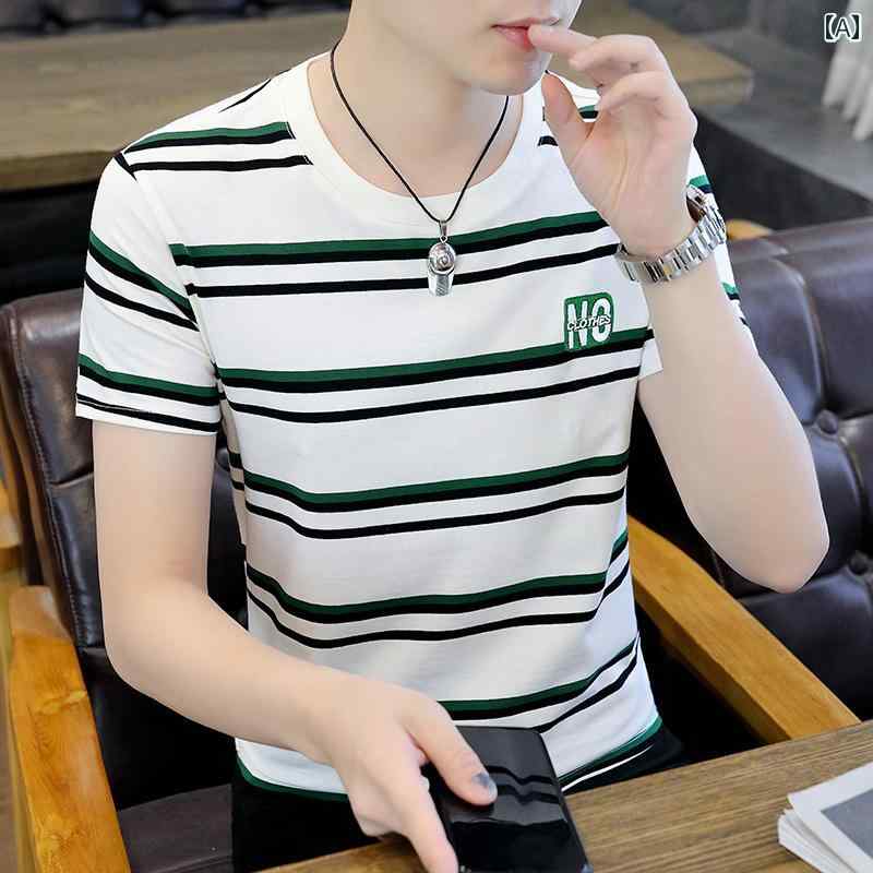 ストライプ Tシャツ 男性用 夏の 配色 ストライプ 半袖 Tシャツ メンズ ラウンドネック スリムフィット ティーンエイジャー ファッション トップス カジュアル 服