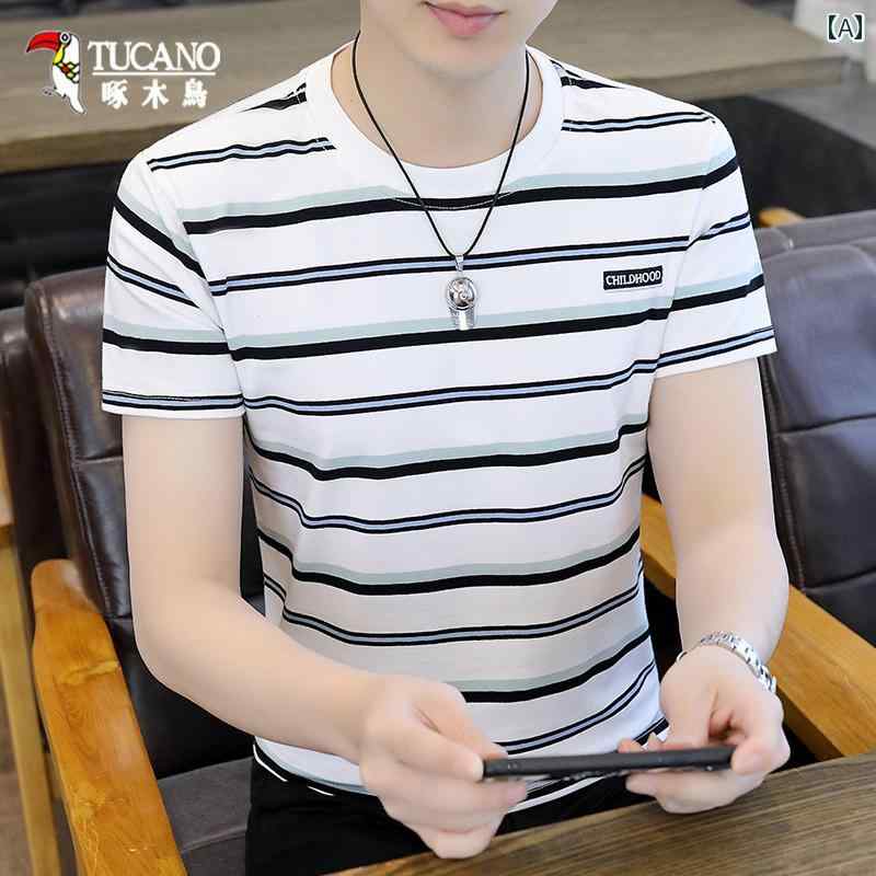 ストライプ Tシャツ 男性用 ウッドペッカー 綿 半袖 Tシャツ メンズ ストライプ ラウンドネック 夏 カジュアル 薄手 T