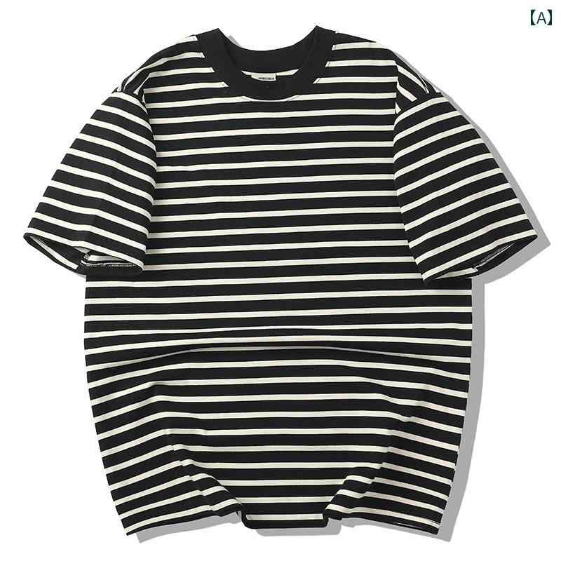 ストライプ Tシャツ 男性用 300 gの 厚手 白黒 ストライプ Tシャツ メンズと レディースの 半袖 夏 綿 レトロ セーラー シャツ ゆったり やや ワイド トップ
