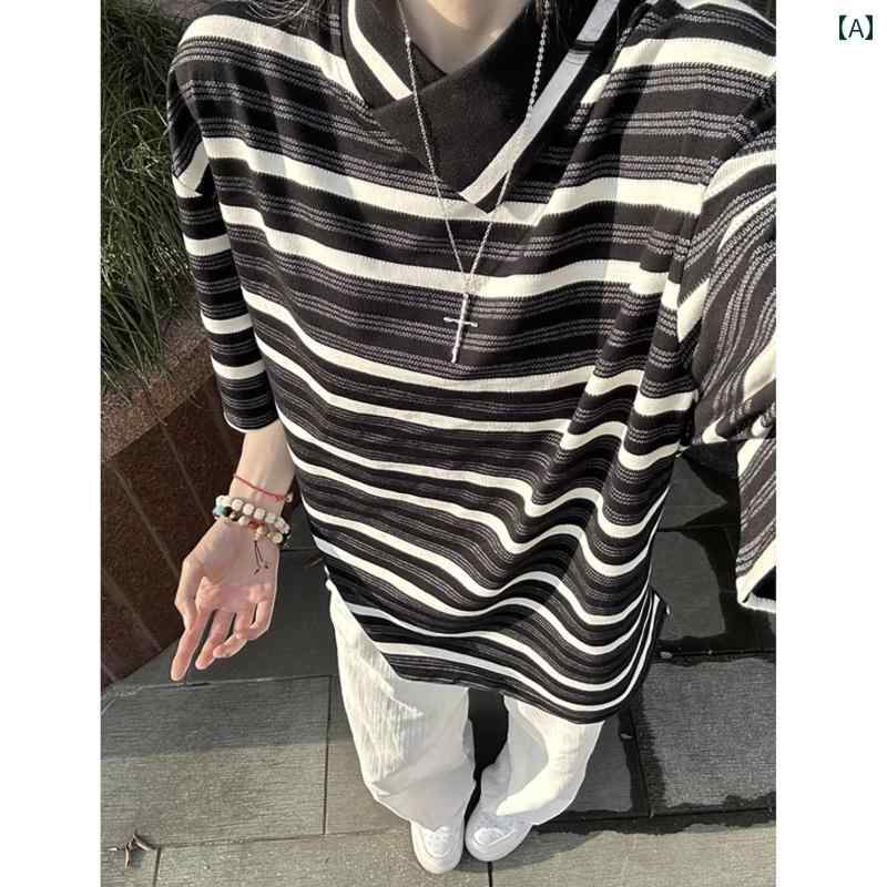 ストライプ Tシャツ 男性用 不規則な 襟の ストライプの 半袖 ポロシャツ メンズ 夏のの ゆったり カジュアル Tシャツ