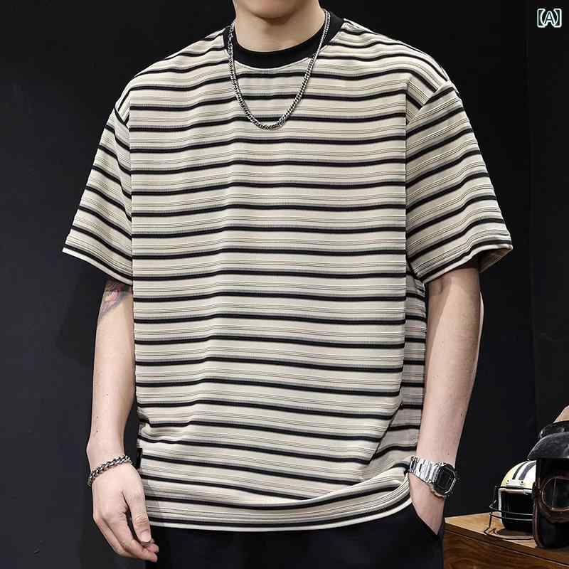 ストライプ Tシャツ 男性用 倉石 易 樹 カラーマッチング 白黒 ストライプ 半袖 Tシャツ メンズ 夏 2025 大きいサイズ アメリカン