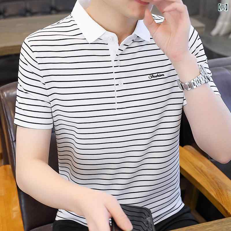ストライプ Tシャツ 男性用 ダブルシルケット コットン 恒 元 祥 ストライプ ポロシャツ 高級 スリムフィット 万能 カジュアル 半袖 Tシャツ メンズ