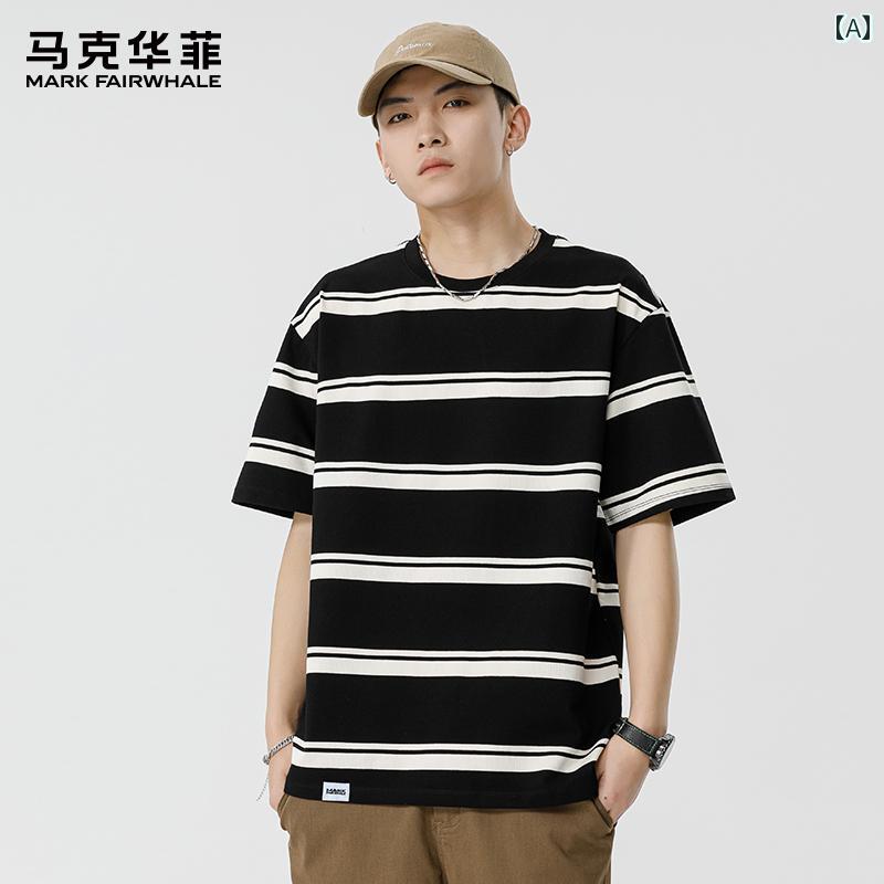 ストライプ Tシャツ 男性用 マーク フェア ホエールの 夏 半袖 Tシャツ メンズ 2025 アメリカン ストライプ ラウンドネック トップス