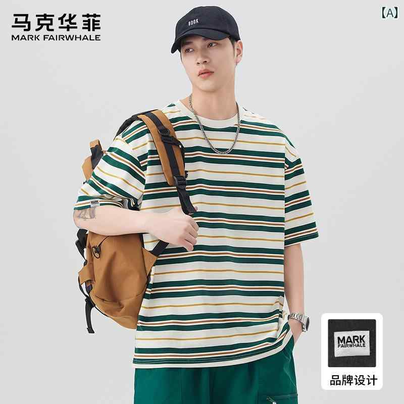 ストライプ Tシャツ 男性用 マーク フェア ホエール 半袖 Tシャツ メンズ 夏 薄手 冷感 アメリカン ストライプ トップ