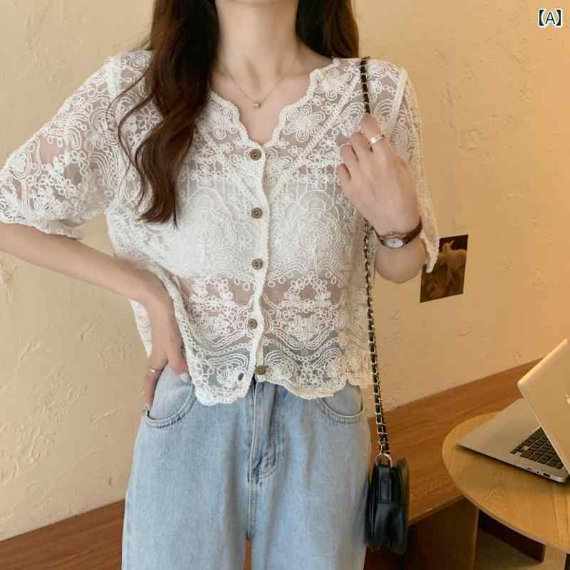 カーディガン 合わせやすい 着心地 韓国 半袖 日焼け防止 服 女性用 夏 薄手 Vネック メッシュ カーディガン レース シャツ ショール スモール コート