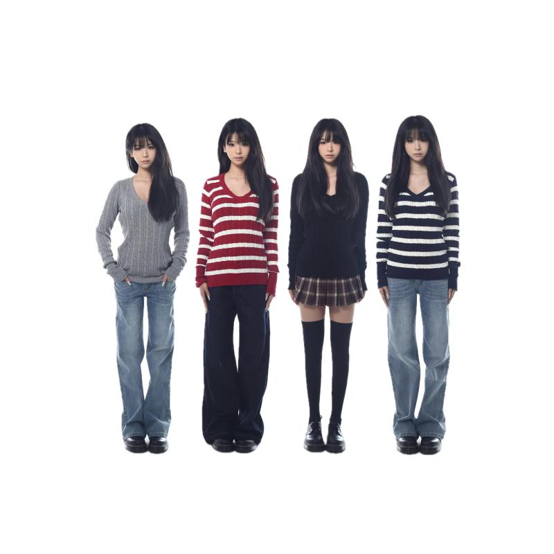 Vネック トップス カジュアル Veryrareme 2024 aw Vネック コットン スリム ニット ケーブル セーター