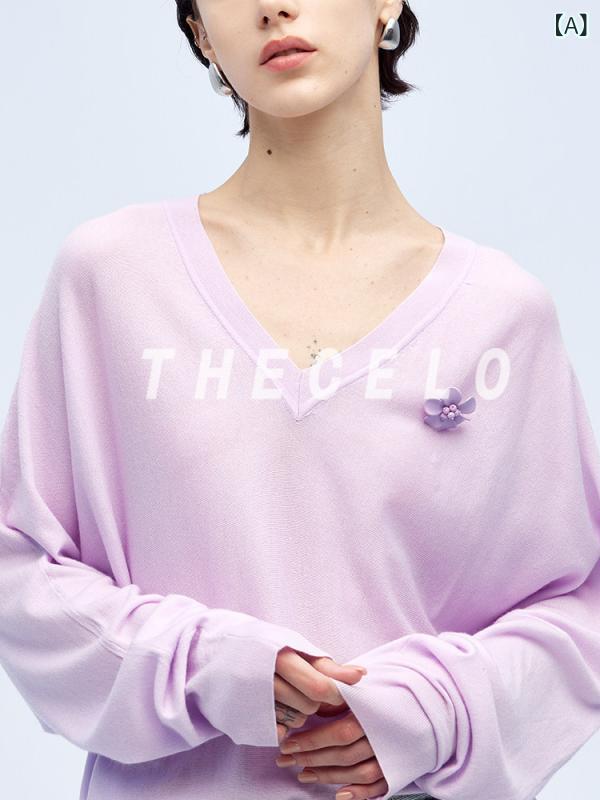 Vのど首 トップス 心地よい THECELO 春の ラベンダーパープル Vのど首 フレンチ 花束 軽さ か細い 妖精 編み物 プルオーバー
