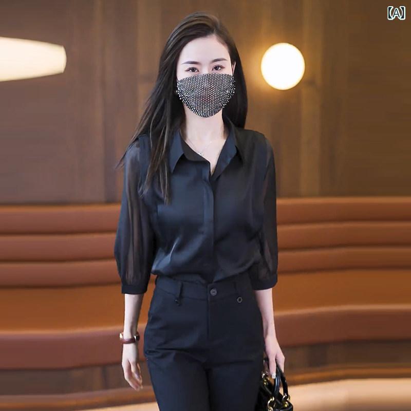 長袖 ブラウス シャツ レディース 高級 ブラック 七分袖 シフォンシャツ レディース 初秋 ファッション サテンシャツ トップス