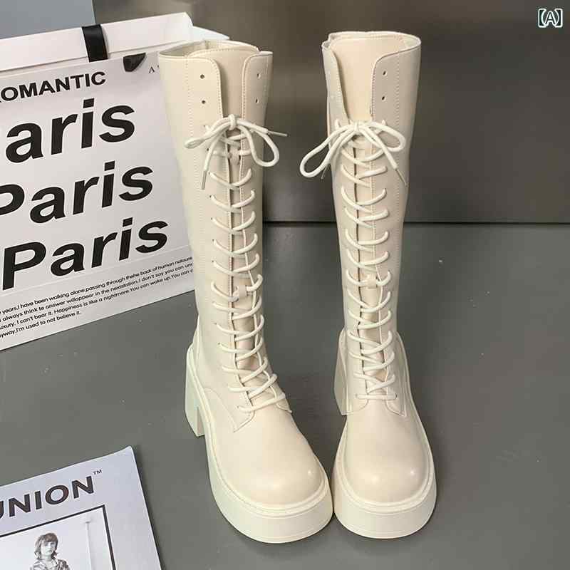 レディース おしゃれ ブーツ 女性用 ホワイト ロング ブーツ 2025夏用 スモール 膝上 丈 レースアップ 厚底 ハイカット ナイト