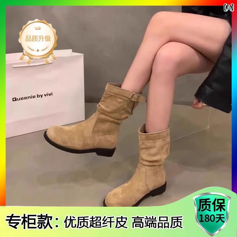 ハイ ブーツ レディース おしゃれ 厚底 ヒールの レトロ ミドルブーツ カウボーイ ナイト ブーツ レディースシューズ 2024秋冬 パイル スモール ショート