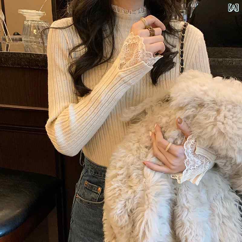 タートルネック カジュアル レディース 女性が 秋冬に 着用 できる レースと ファーの インナー レイヤーが 付いた フレンチ ホワイトの ニット セーター スリム ハーフ タートルネックセーター シャツ トップ