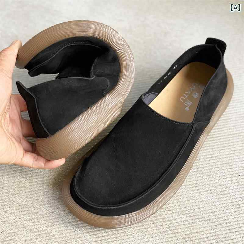 メンズ モカシン 心地よい シューズ 厚底の 夏用 通気性 ヌバックレザー メンズシューズ レトロ 革 幅 広 足用 ホンブルグ帽 沓底 単層 牛皮 スリッポン