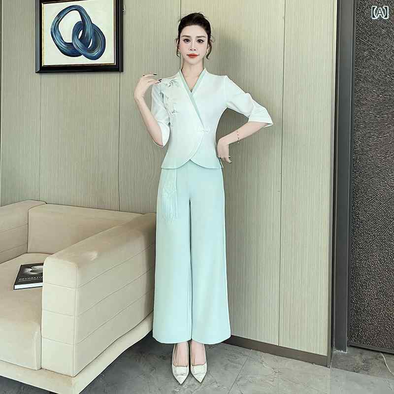 ユニフォーム エステ 事務服 2025 美容院 足 湯 技術者 作業着 中国 茶 芸 師 マッサージ 耳 掃除 スーツ 女性 シニア