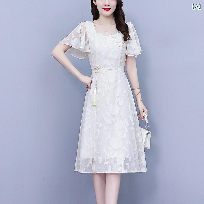 アオザイ ドレス 大きめ サイズ 婦人服 2025夏の 新型 スカート 太めの mm お腹を カバー ウエストを 細く チャイナ風 スクエアネックの シフォンワンピース
