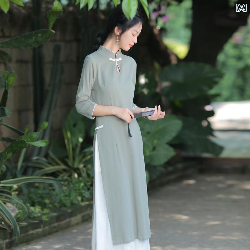 アオザイ ドレス アオザイ チャイナ ドレス トップ レディース 長い 禅 スタイル 私服 中国 茶 エレガント 夏