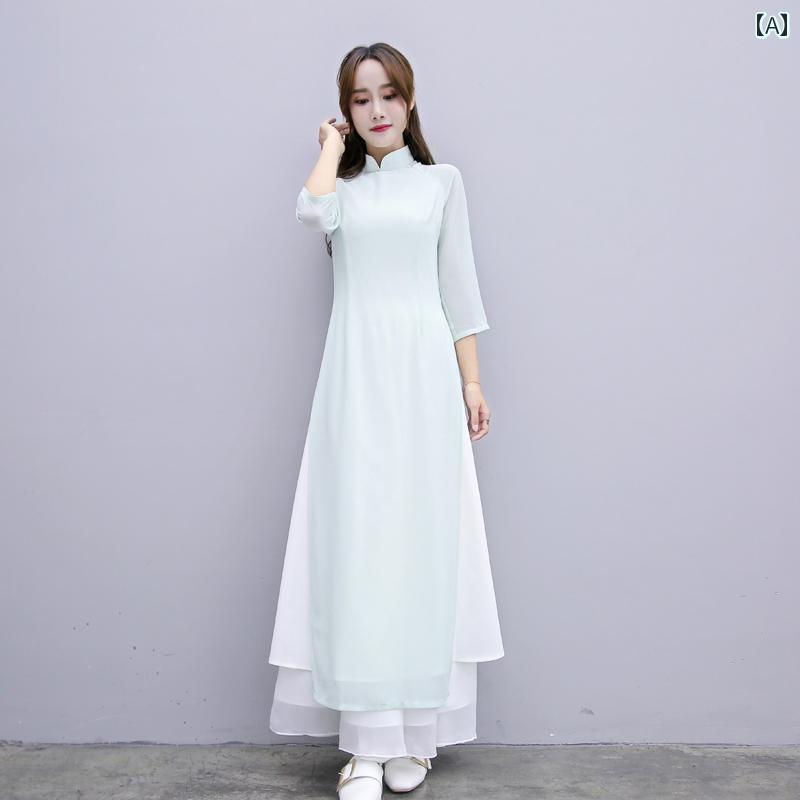 アオザイ ドレス チャイナ風 婦人服 レトロ スリム チャイナ ドレス ベトナム アオザイ スタンドカラー 瞑想服 禅