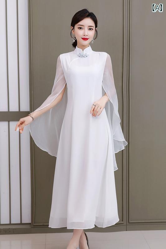アオザイ ドレス チャイナ風 夏の レディース 禅 中国 白い ショール フェアリーのが 漢服の レトロ シルクと リネンの ドレス